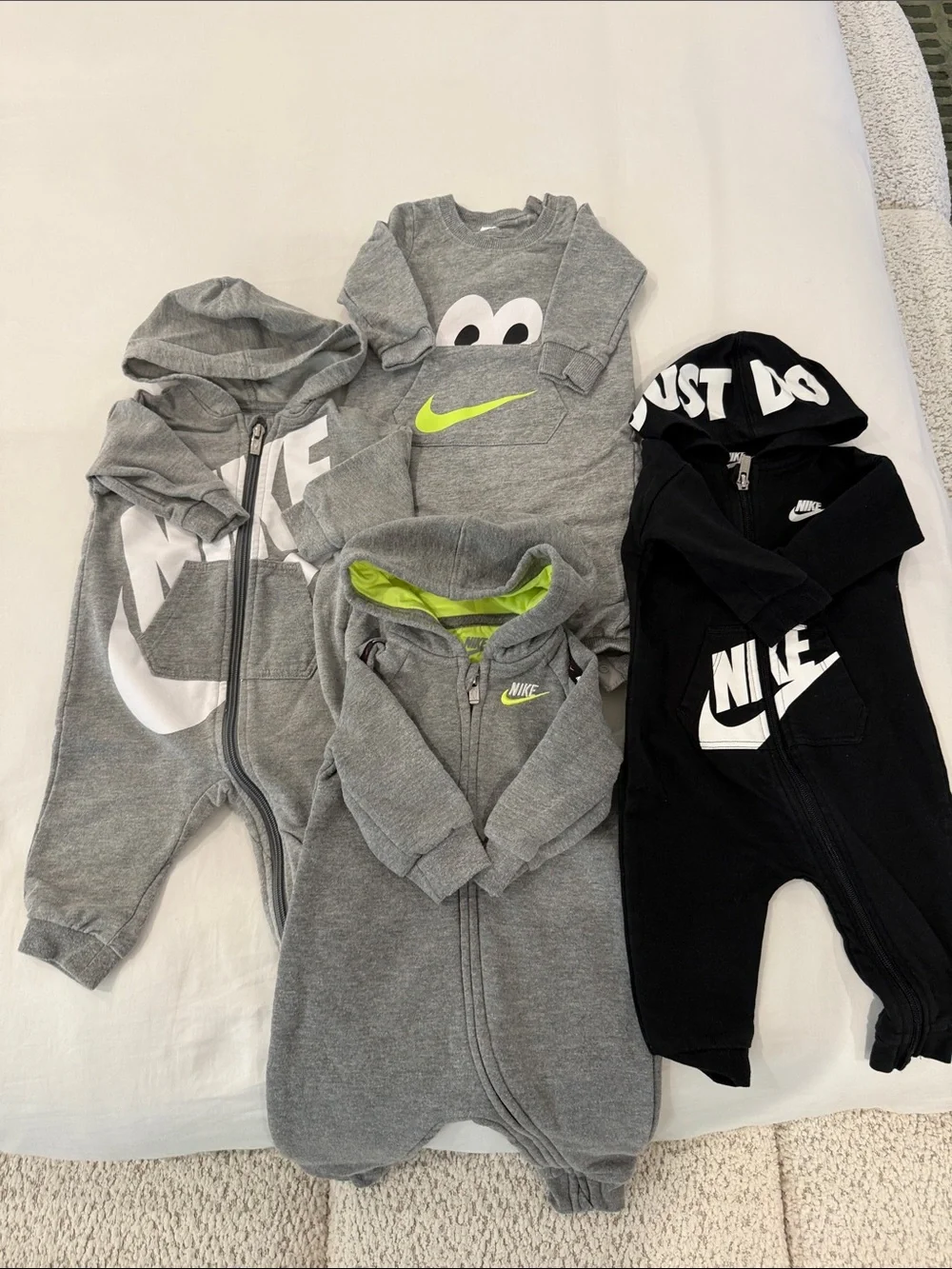 Nike Grey & Black Baby Hooded One-Piece Rompers with Neon Accent